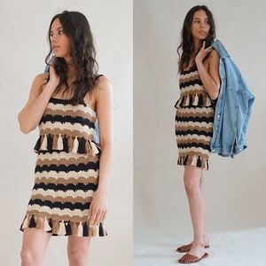 NEW PROCHE Hand Knit Baby Alpaca Scallop Stripe Fringe Trim Cami & Mini Skirt XS